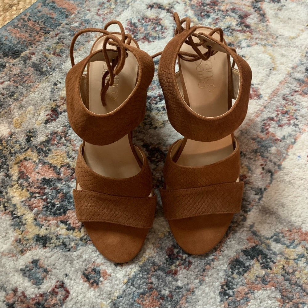 Franco Sarto Women's Cognac Brown Suede Lace-Up Block Heels